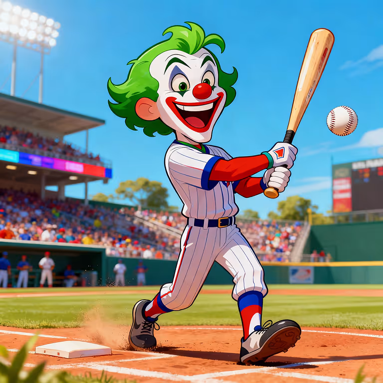 Mascotte de MadJoker Casino frappant une balle de baseball, symbole de paiements rapides et sécurisés.