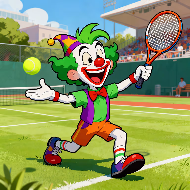 Mascotte de MadJoker Casino jouant au tennis sur un court ensoleillé, symbole de plaisir et de gains.
