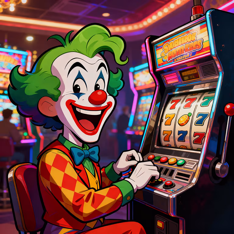 Mascotte de MadJoker Casino assise devant une machine à sous, souriante et gagnante.
